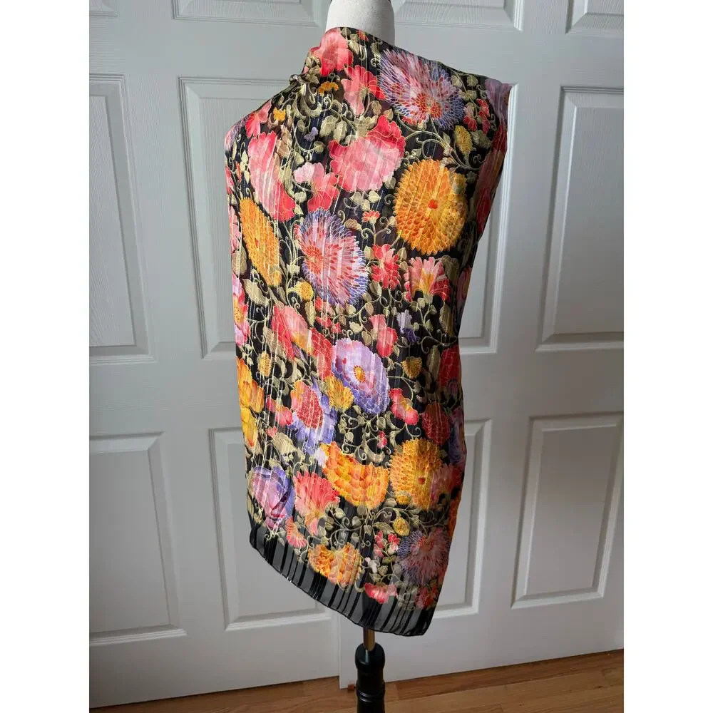 Pierre Balmain Black Floral 100% Silk Chiffon Wrap Scarf Vtg Y2K Made‎ in France